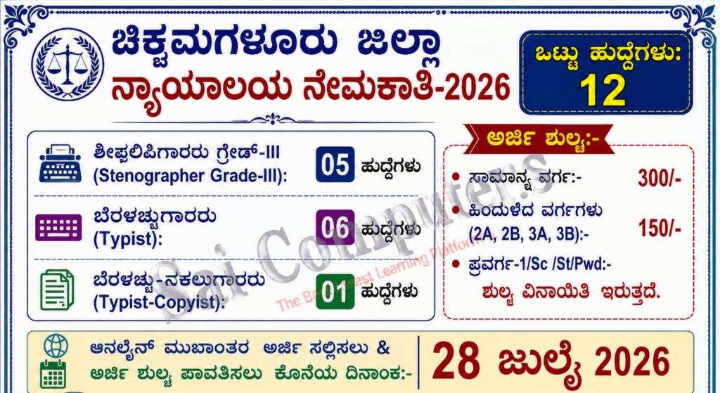 ಚಿಕ್ಕಮಗಳೂರು ಜಿಲ್ಲಾ ನ್ಯಾಯಾಲಯ ನೇಮಕಾತಿ 2026 ಶೀಘ್ರಲಿಪಿಗಾರರು, ಬೆರಳಚ್ಚುಗಾರರು ಮತ್ತು ಬೆರಳಚ್ಚು-ನಕಲುಗಾರರ 12 ಹುದ್ದೆಗಳ ಅಧಿಸೂಚನೆ